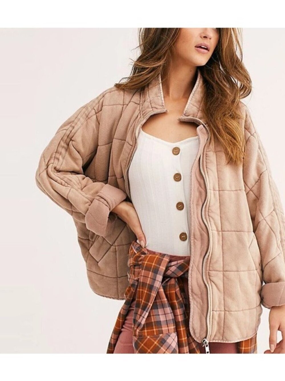 FREE PEOPLE slouchy Dolman Quilted knit champagne bomber boho jacket XS